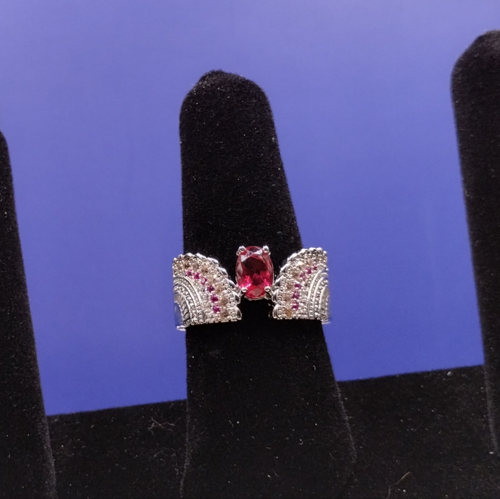 925 Fan Ring With Red and Clear Stones